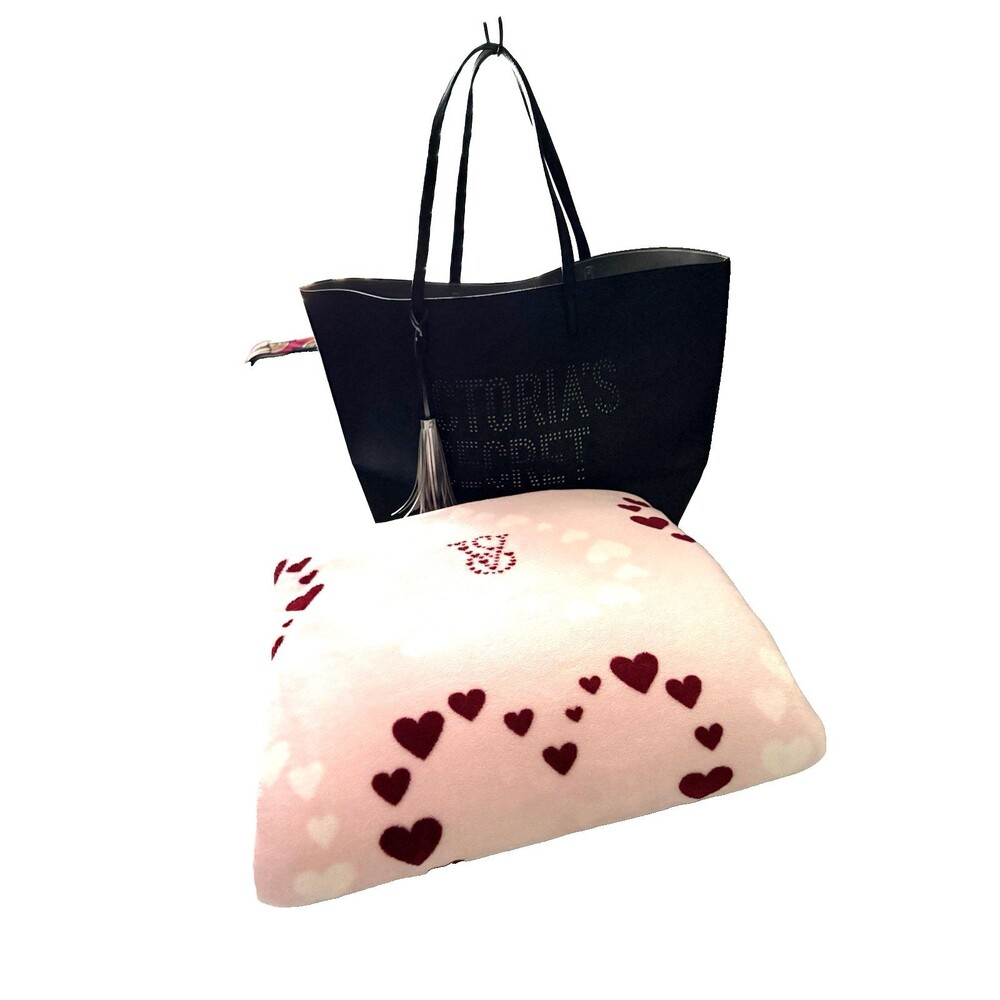 Victoria's Secret Blanket and Tote Valentine Heart Throw & Black Laser Cut Tote